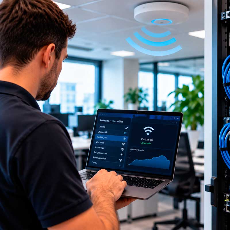 Técnico revisando redes WiFi y un gráfico de señal en una computadora portátil junto a un rack de oficina