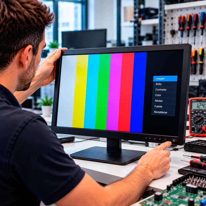 Técnico ajustando los controles de un monitor que muestra barras de colores y el menú de imagen en un taller