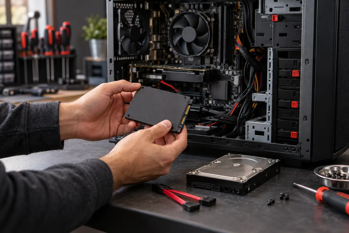 Ilustración de un técnico con un SSD junto a una computadora abierta en un banco de trabajo.
