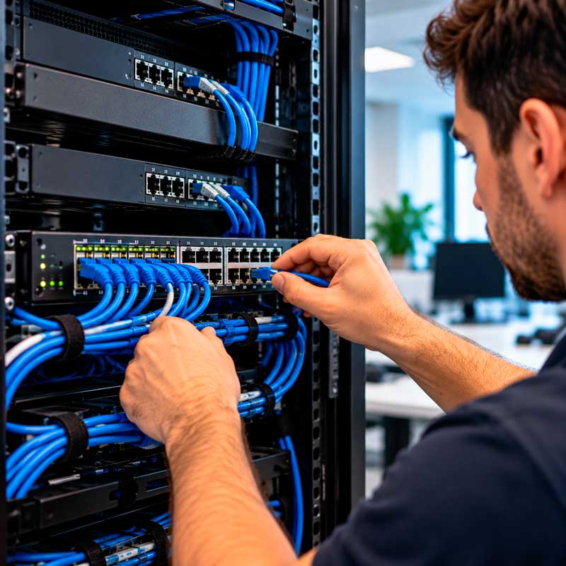 Técnico conectando y organizando cables de red azules en los puertos de un switch instalado en un rack
