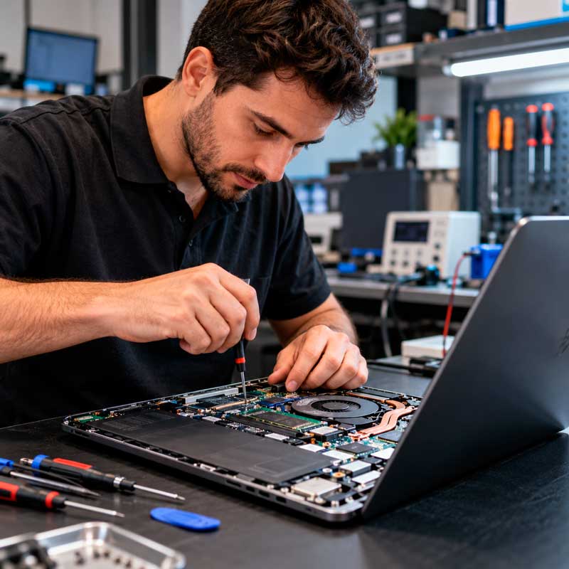 Técnico revisando una notebook abierta para su diagnóstico y reparación en Rosario