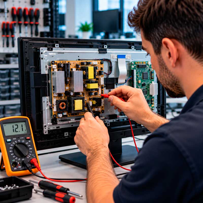 Técnico midiendo con un multímetro la placa de alimentación de un monitor con la cubierta trasera retirada