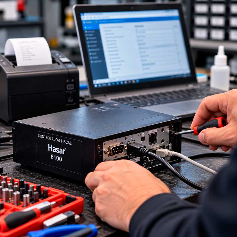 Técnico revisando las conexiones de un controlador fiscal Hasar 6100 en un banco de trabajo