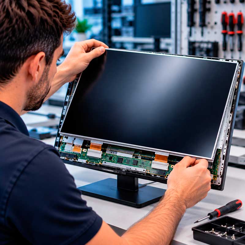 Técnico sosteniendo el panel de un monitor desmontado con las placas electrónicas y los cables planos visibles