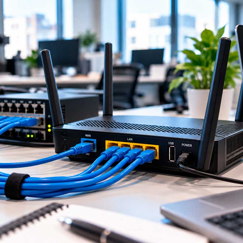 Router WiFi con antenas y cables de red azules conectados, junto a un switch sobre un escritorio de oficina